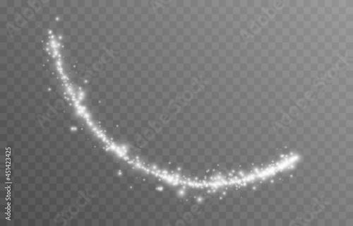 Vector magic glow. White dust png. Sparkling fairy dust, glowing trail, line of light. Christmas light.