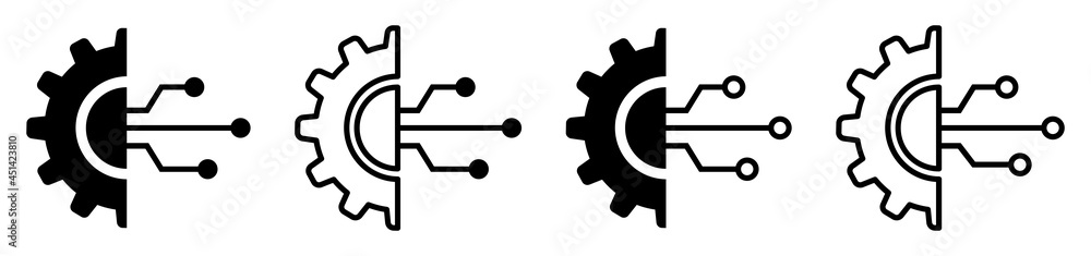 Set of digital tech icons. Gear with circuit. Electronic engineering, data integration. Circuit board icon. Vector illustration.