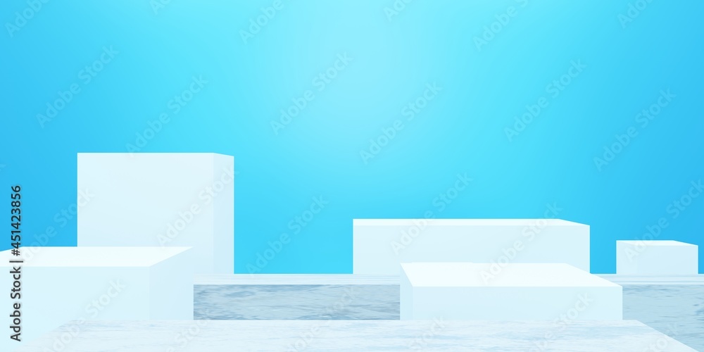 3d rendering of empty podium minimal blue background. Scene for advertising design, cosmetic ads, show, showroom, technology, food, banner, cream, fashion, kid, luxury. Illustration. Product display 3d rendering of empty podium minimal blue background. Scene for advertising design, cosmetic ads, show, showroom, technology, food, banner, cream, fashion, kid, luxury. Illustration. Product display