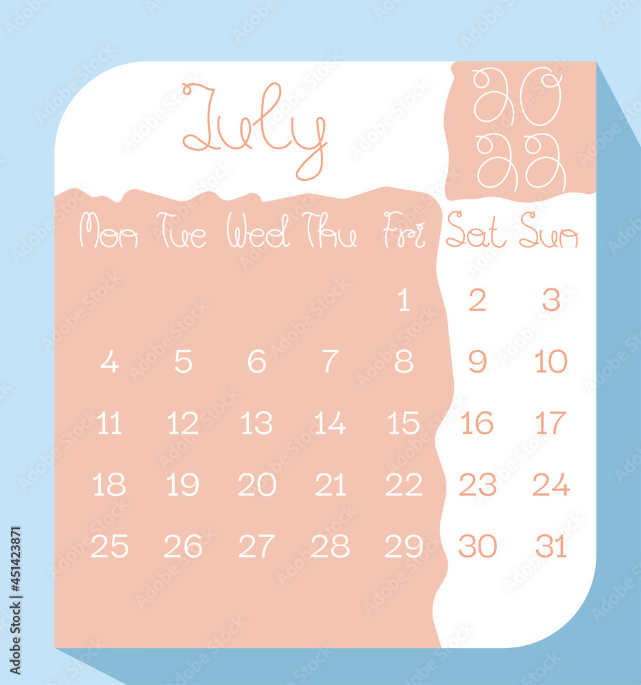 July 2022 calendar planner in pastel color with handwritten letters, week starts on Monday, template, mock up calendar leaf - Illustration. Vector graphic page