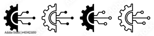 Set of digital tech icons. Gear with circuit. Electronic engineering, data integration. Circuit board icon. Vector illustration.