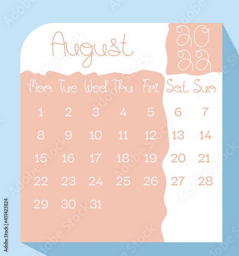 August 2022 calendar planner in pastel color with handwritten letters, week starts on Monday, template, mock up calendar leaf - Illustration. Vector graphic page