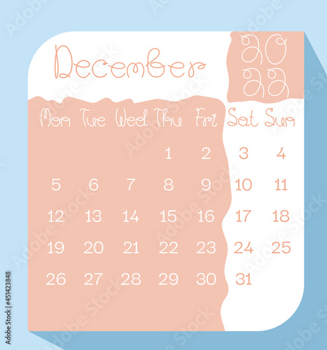 December 2022 calendar planner in pastel color with handwritten letters, week starts on Monday, template, mock up calendar leaf - Illustration. Vector graphic page