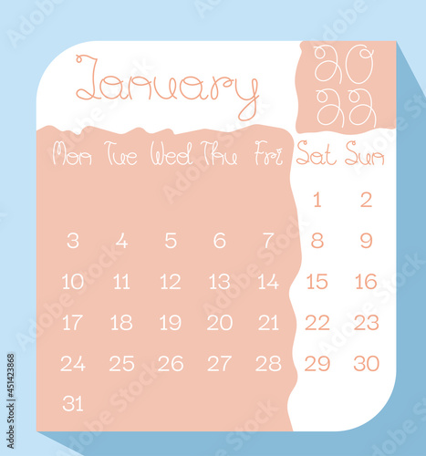 January 2022 calendar planner in pastel color with handwritten letters, week starts on Monday, template, mock up calendar leaf - Illustration. Vector graphic page