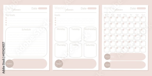 Modern collection of daily weekly monthly planner printable template with pastel ellements. Collection of note paper, to do list, stickers templates. Blank white notebook page A4