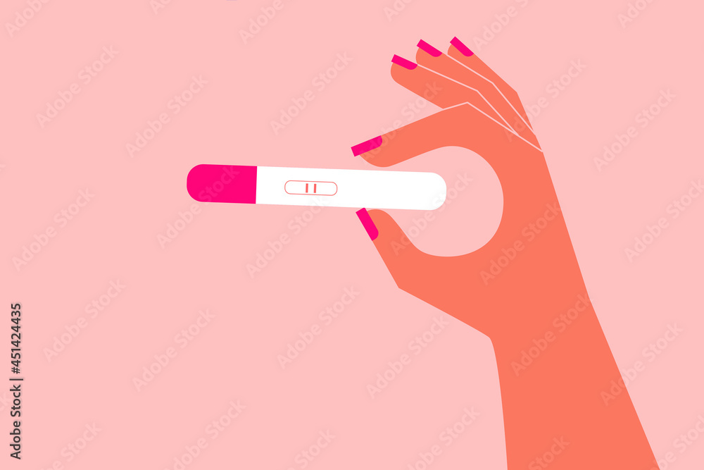 Female hand holding a positive pregnancy test with two strokes. Colorful, hands, legs. Flat, vector illustration - obrazy, fototapety, plakaty 