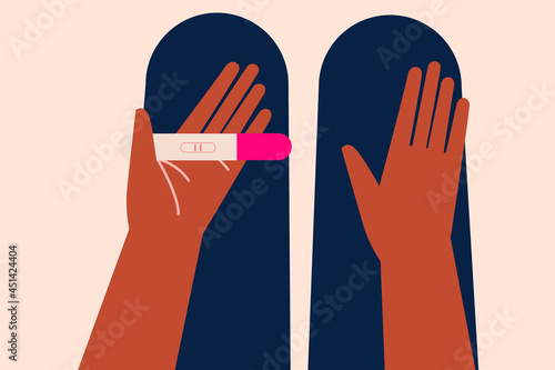 Dark-skinned woman, female hand, pregnancy test, positive, two strokes. Colorful, hands, legs. Flat, vector illustration