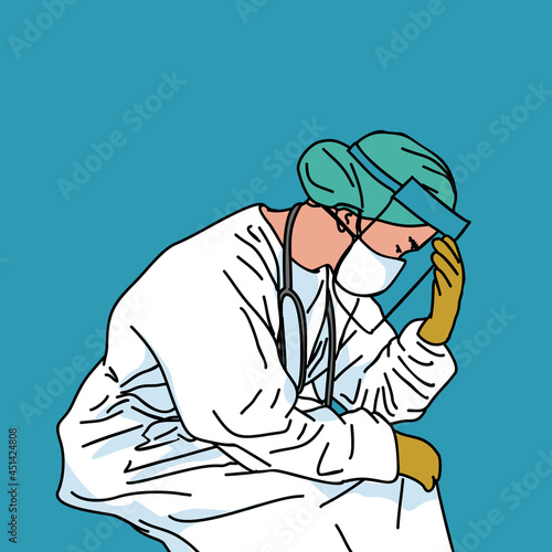 illustration of a health worker feeling tired by looking down and holding his head