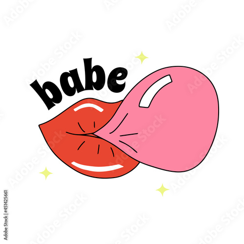 Full lips with lipstick blowing bubble gum, old fashioned contour cartoon design vector illustration