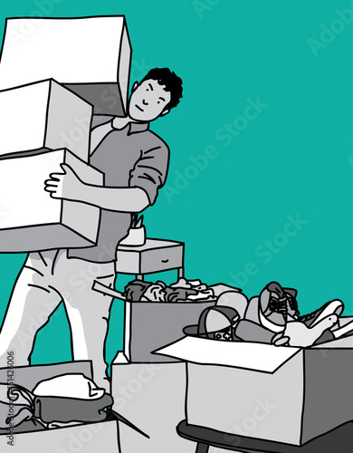 illustration of a man packing things so that they are neat, suitable for decluttering illustrations in a minimalist lifestyle concept