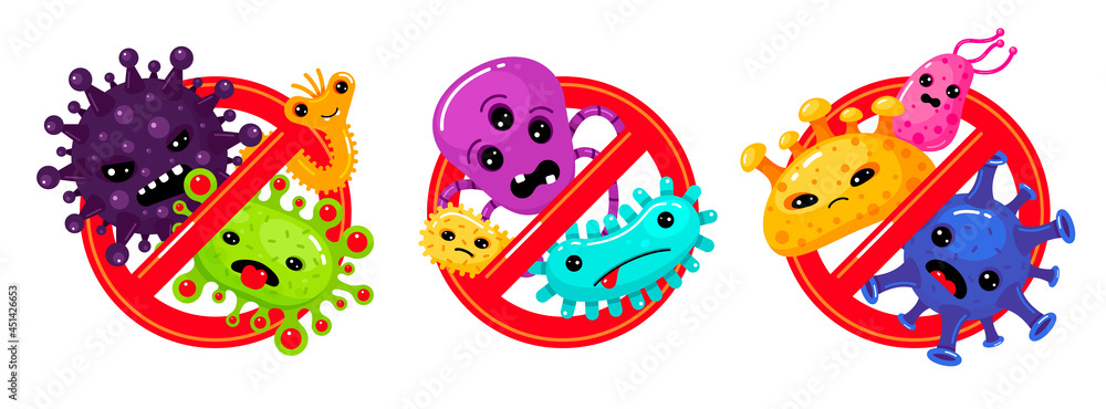 Set stop virus in red alert sign vector flat illustration gems, bacteria prevention and healthcare Set stop virus in red alert sign vector flat illustration gems, bacteria prevention and healthcare