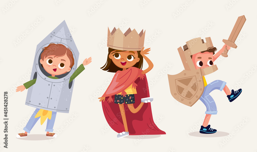 Small children dressed up in astronaut, rocket, knight, princess, queen costume standing in various poses isolated vector illustration. New look for kids costume party. Dressing up for party, carnival Small children dressed up in astronaut, rocket, knight, princess, queen costume standing in various poses isolated vector illustration. New look for kids costume party. Dressing up for party, carnival