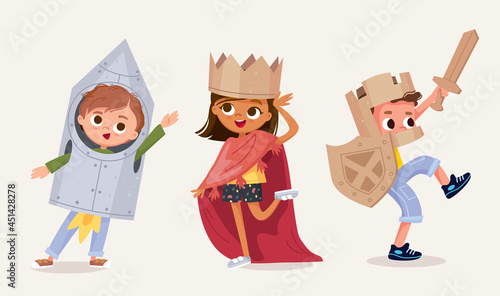 Foto Small children dressed up in astronaut, rocket, knight, princess, queen costume standing in various poses isolated vector illustration