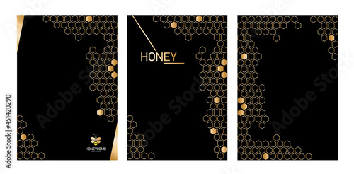 Set Vertical Modern Honeycomb black background with golden honeycomb.