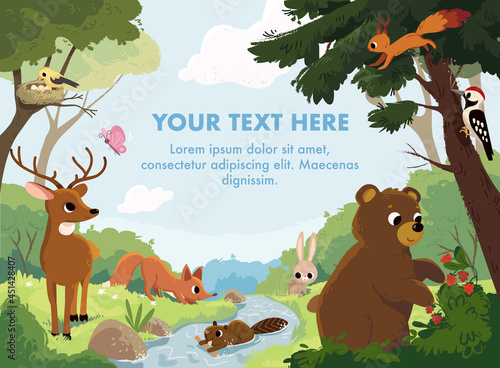Cartoon vector animals that live on the valley with river and forest. Forest fauna. Forest inhabitants. Bear looking for raspberries. Woodpecker hollows the hollow. Northern national park.