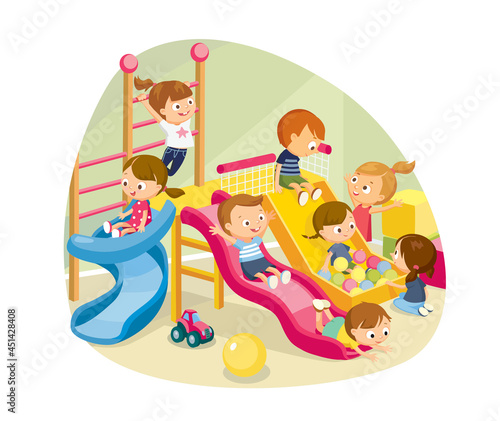 Children kids playing having fun, fooling around in fine good mood, on playroom, playground go down slide, hanging on ladder. Kids in daycare center, preschool. Vector illustration. Flat design.