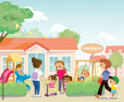 Young mother pick up her children kids from kindergarten or daycare center standing in front of playground of kindergarten building. Parents collect children after lessons in preschool on summer day