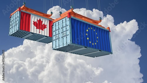 Freigth Containers with European Union and Canada flags. 3D Rendering photo