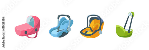 Set of childish automobile armchair for child, infant, newborn baby. Car seats for safe movement