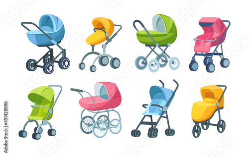 Set of childish colorful folding stroller, buggy, baby carriage, child wagon, infant transport