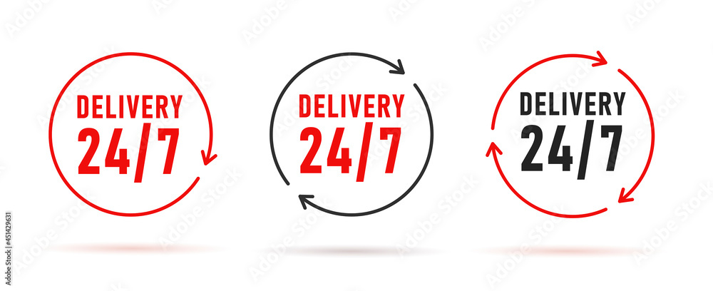 Delivery twenty four seven symbols in different colors with arrows forming round circle Delivery twenty four seven symbols in different colors with arrows forming round circle