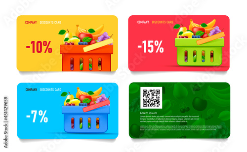 Set of layalty program discount cards for grocery store or supermarket with percent and 3d shopping basket illustration full of fruits
