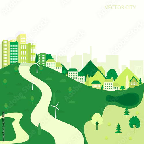 Vector illustration of a city view with houses and windmills. Green city with suburban houses. Vector poster.