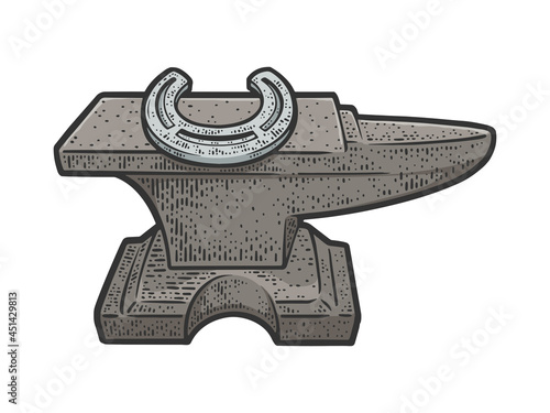 horseshoe on anvil color line art sketch engraving vector illustration. T-shirt apparel print design. Scratch board imitation. Black and white hand drawn image.