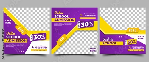Back to school social media promotional banner template design collection. Modern square banner with yellow frame shape. Usable for social media, banner, website, and others.