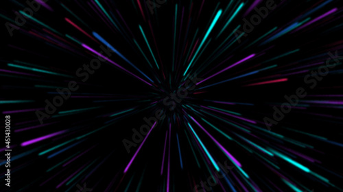 Starry bright glowing lights flying extremely fast lightspeed through hyperspace. colourful Digital Design Concept.