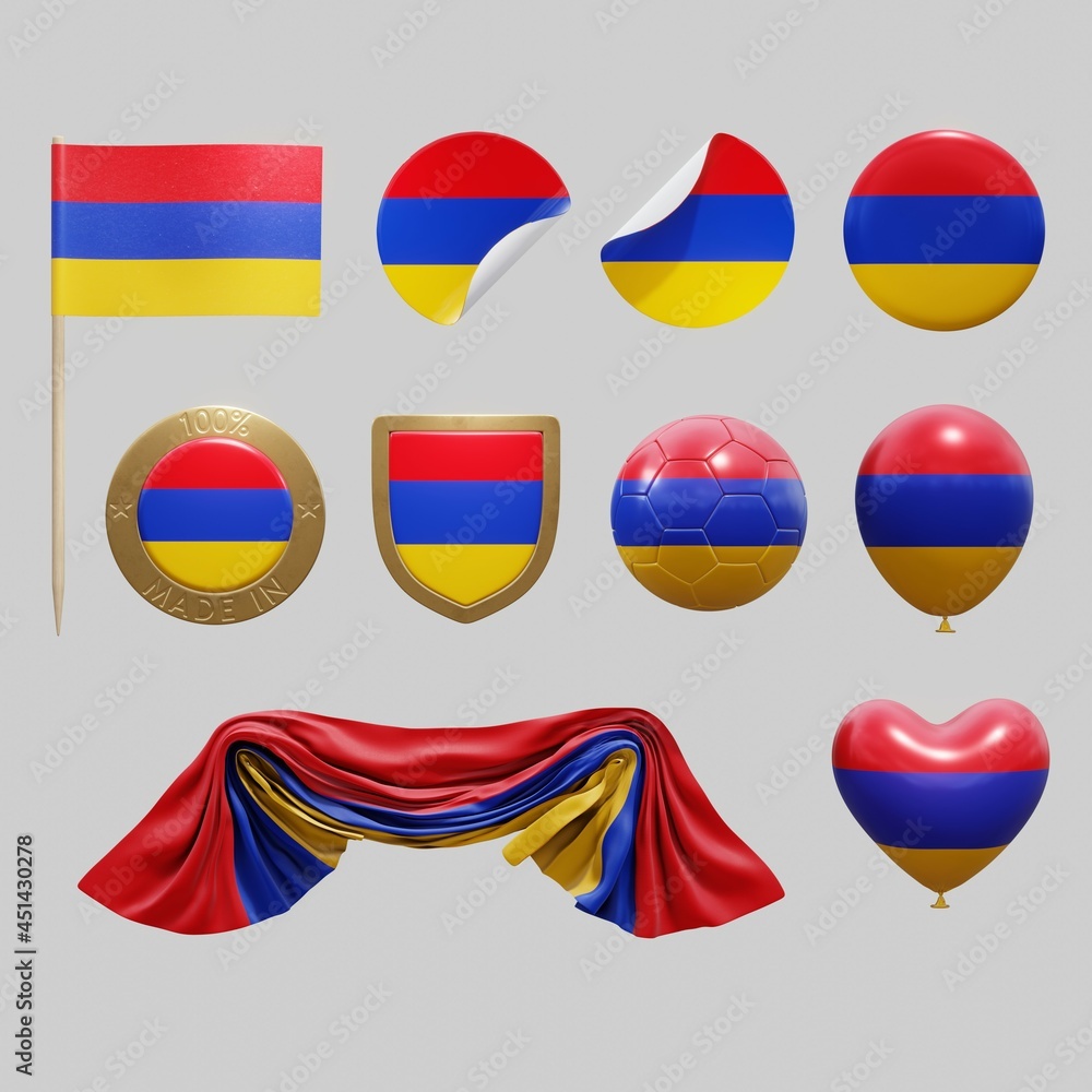 Assortment of objects with national flag of Armenia isolated on neutral background. 3d rendering Assortment of objects with national flag of Armenia isolated on neutral background. 3d rendering