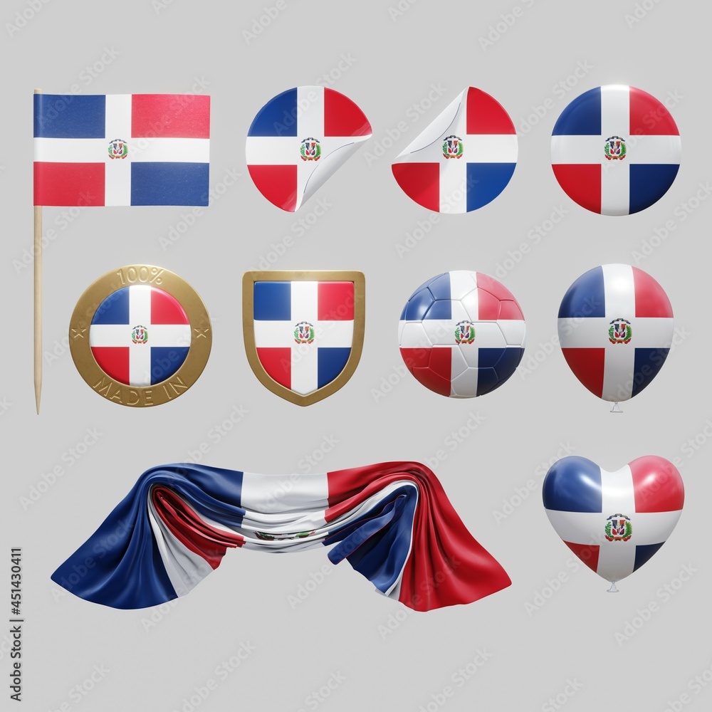 Assortment of objects with national flag of the Dominican Republic isolated on neutral background. 3d rendering Assortment of objects with national flag of the Dominican Republic isolated on neutral background. 3d rendering
