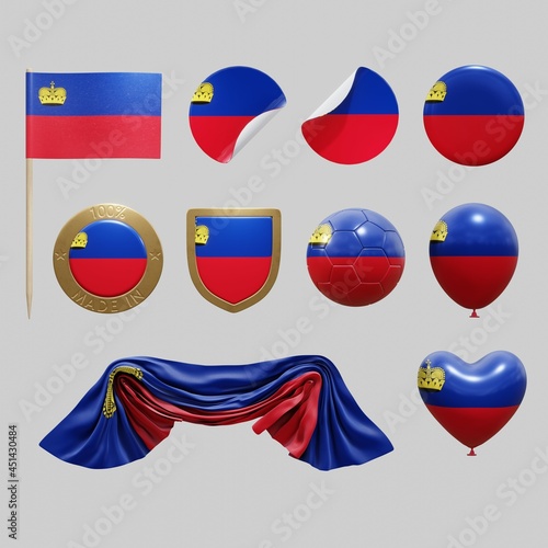 Assortment of objects with national flag of Liechtenstein isolated on neutral background. 3d rendering