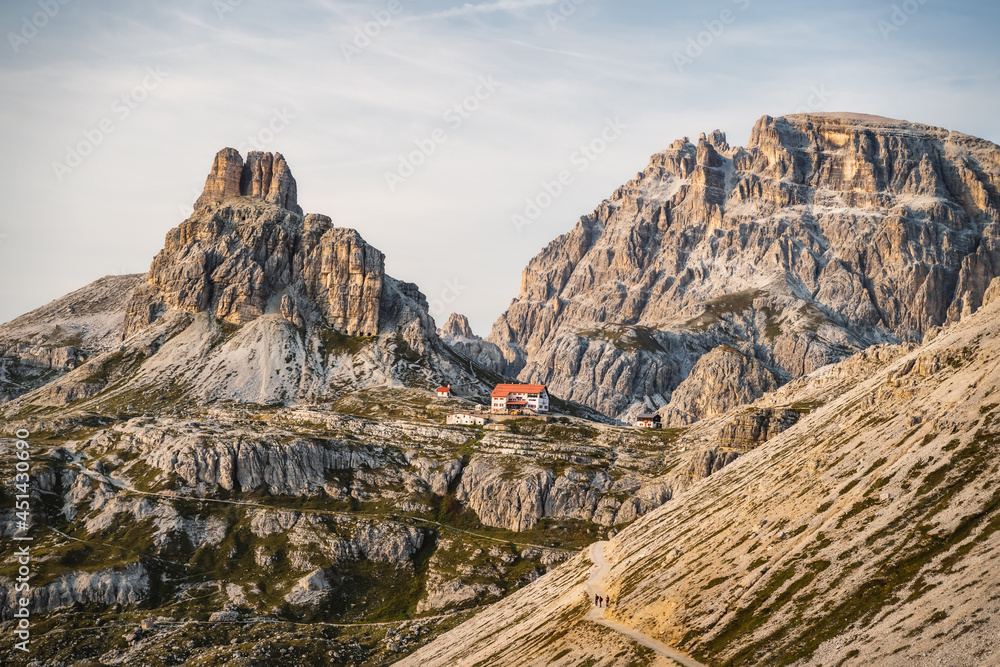 Incredible Nature Landscape around famous Tre Cime di Lavaredo. Rifugio Antonio Locatelli alpine hut popular travel destination in the Dolomites, Italy