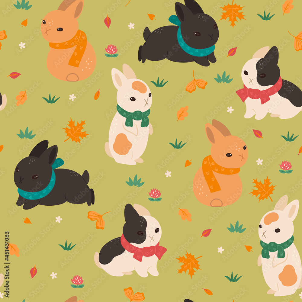 Seamless pattern with rabbits in scarves. Vector graphics.