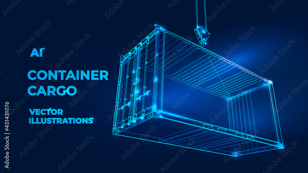 Polygonal 3d cargo container in dark blue background. Online cargo delivery service, logistics or tracking app concept. Abstract vector illustration of online freight delivery service - obrazy, fototapety, plakaty 