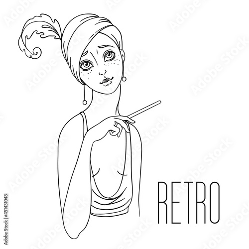 Beautiful girl in art deco style. Retro fashion, glamour woman of twenties. Vector illustration. Flapper 20s style. Vintage party or thematic invitation design template.