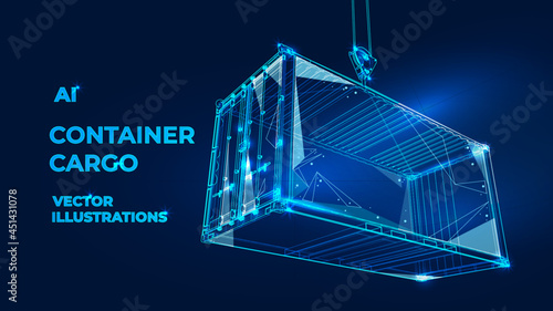 Polygonal 3d cargo container in dark blue background. Online cargo delivery service, logistics or tracking app concept. Abstract vector illustration of online freight delivery service