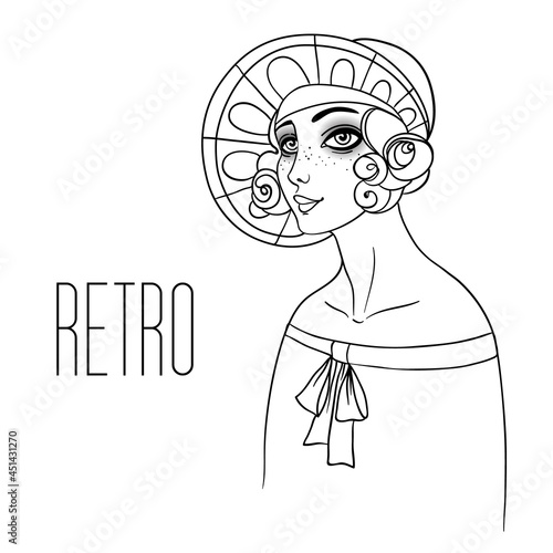 Beautiful girl in art deco style. Retro fashion, glamour woman of twenties. Vector illustration. Flapper 20s style. Vintage party or thematic invitation design template.