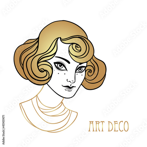 Beautiful girl in art deco style. Retro fashion, glamour woman of twenties. Vector illustration. Flapper 20s style. Vintage party or thematic invitation design template.