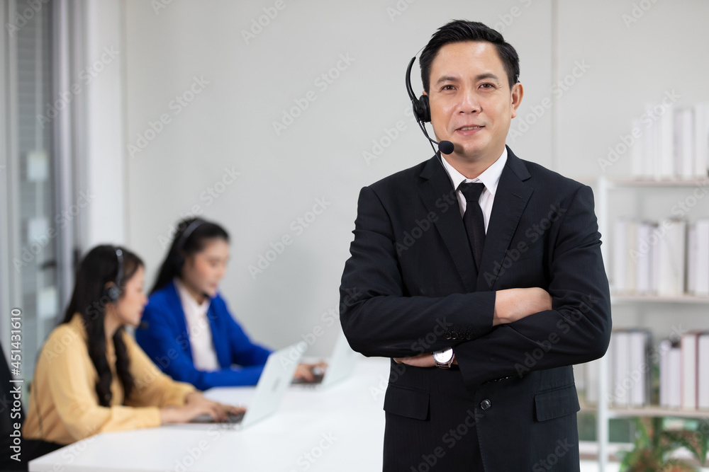 businessman with formal suit and crossed arms pose at call center service businessman with formal suit and crossed arms pose at call center service