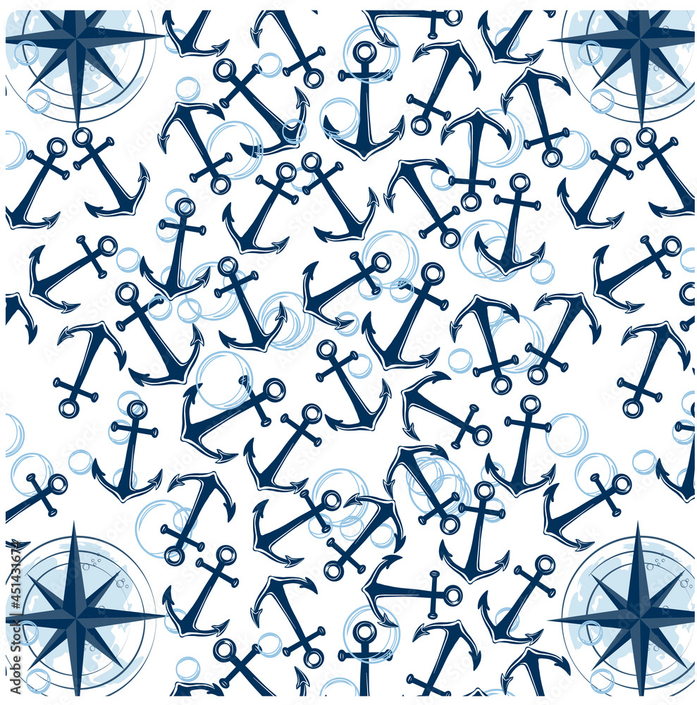 Beautiful seamless vector background with a pattern and an anchor. Ideal for wallpapers, web page backgrounds, surface textures, textiles. Anchor and wind rose. Print for boys. background repeating wa