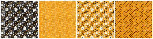 Collection of orange, black, white color Polka dot and Ditsy floral vector seamless pattern. Small meadow flowers. Tiny wildflower texture set, backgrounds for fashion print, textile, wrap paper