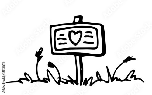 A garden sign with a heart, stands in the grass with spikelets.vector sign on the lawn Drawn in doodle style, isolated black outline on a white background for a design template, a symbol of love for n