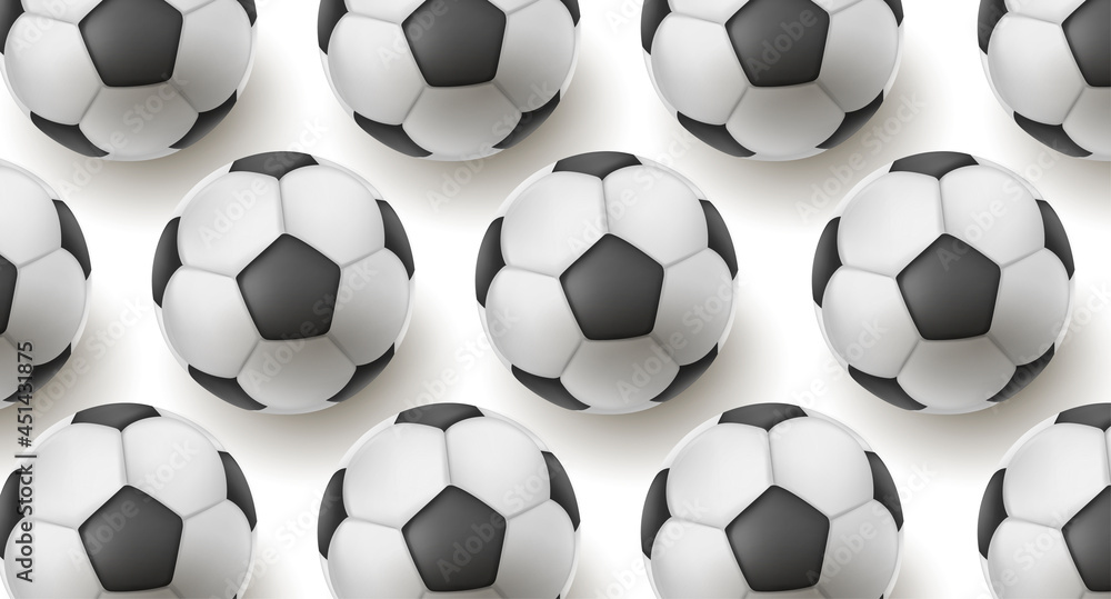 Heap of classic black and white soccer balls forming texture, realistic 3d backdrop with balls illustrative pattern, top view with shadow