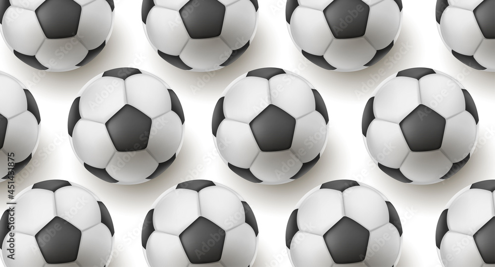 Heap of classic black and white soccer balls forming texture, realistic 3d backdrop with balls illustrative pattern, top view with shadow Heap of classic black and white soccer balls forming texture, realistic 3d backdrop with balls illustrative pattern, top view with shadow