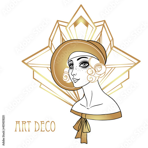 Beautiful girl in art deco style. Retro fashion, glamour woman of twenties. Vector illustration. Flapper 20s style. Vintage party or thematic invitation design template.