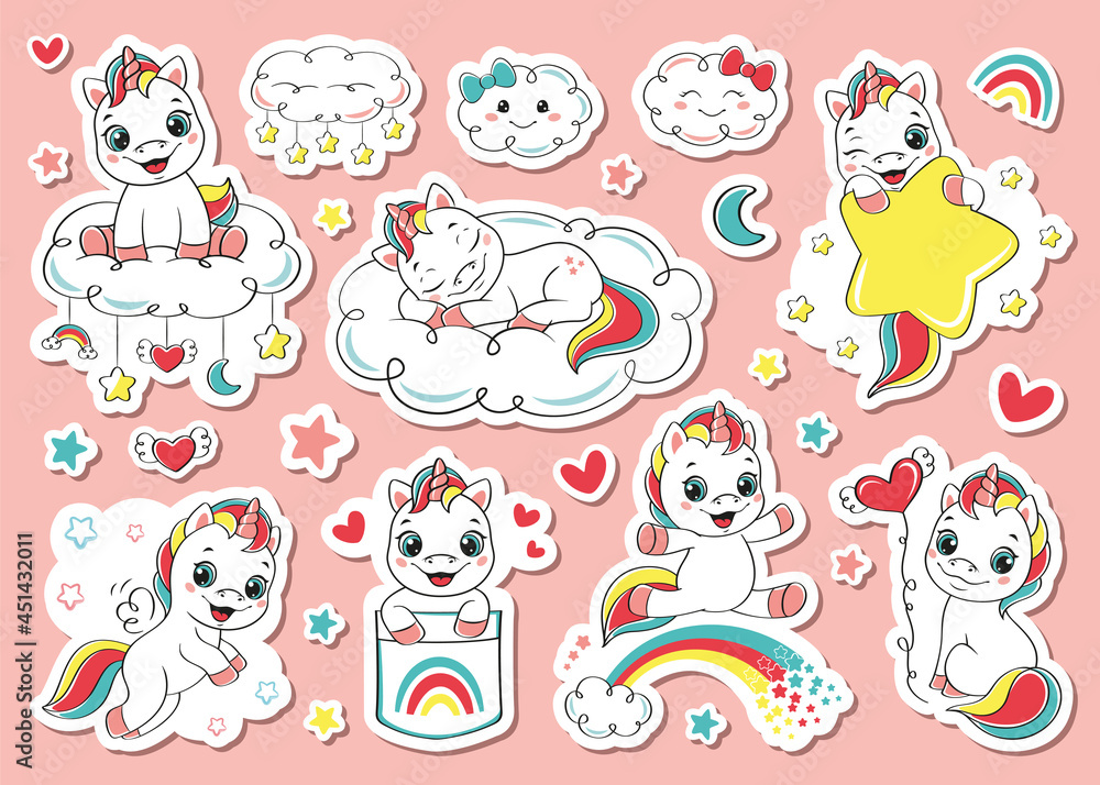 Set happy baby unicorn, Stickers pack, cartoon vector illustration Set happy baby unicorn, Stickers pack, cartoon vector illustration