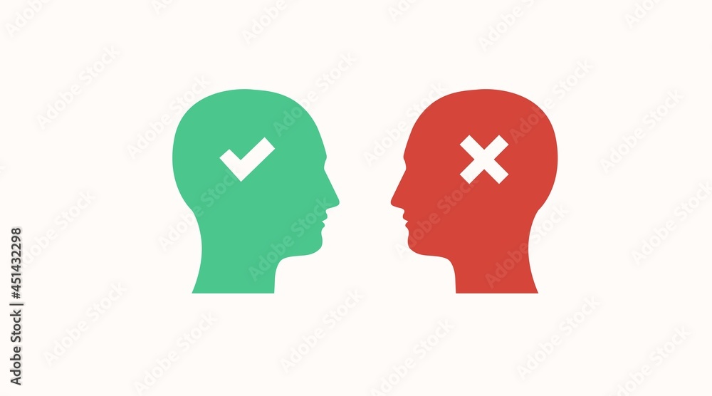 Tick & Cross Human Heads icon set. Vector isolated flat editable illustration of right and wrong mind concept