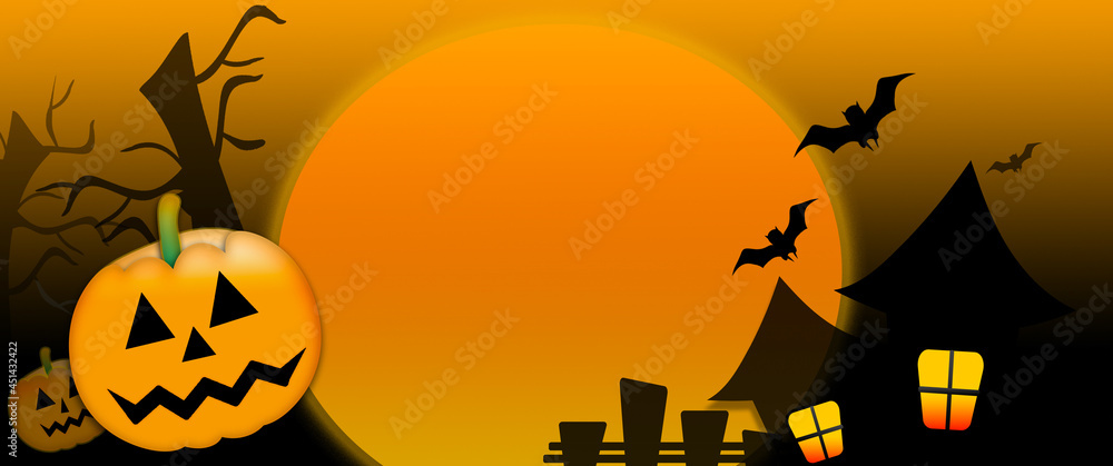 Banner trick or treat Halloween party celebration background for sales advertisement on web banner or head and article with decoration of castles, moon, pumpkins, ghosts. Banner trick or treat Halloween party celebration background for sales advertisement on web banner or head and article with decoration of castles, moon, pumpkins, ghosts.